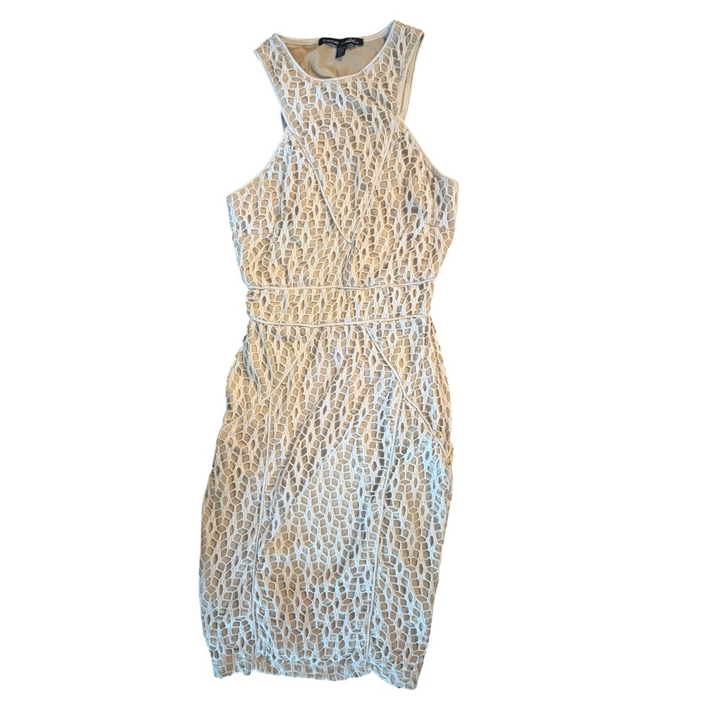 Bebe Addiction XS Nude Beige Bodycon Dress White Mesh Overlay Cutout Cocktail